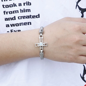 Men's silver stainless steel bracelet featuring hollow heart and cross punk design