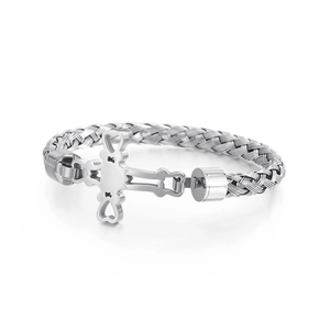 Men's silver stainless steel punk cross bracelet with a woven curb chain and metal clasp