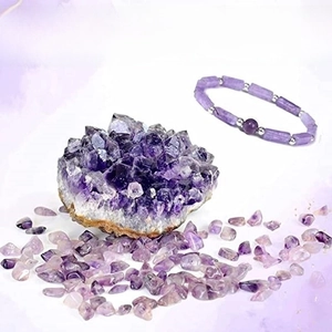 Natural amethyst set featuring raw crystal cluster, beaded bracelet and polished stones