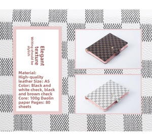 Macro detail of A5 leather binder notebook with classic checkered texture and refillable paper