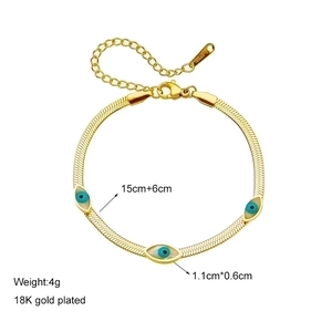 18K gold plated snake chain bracelet with evil eye pendants and sizing dimensions