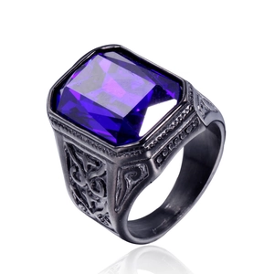 Retro stainless steel men's ring with large rectangular purple gemstone and floral relief