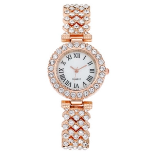 Luxurious rose gold women's watch with full diamond bezel and Roman numeral dial