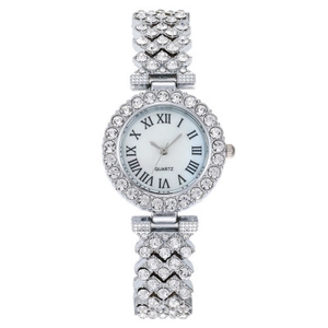 Luxury women's silver quartz watch with sparkling rhinestones and Roman numeral dial