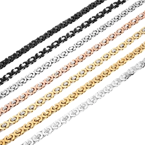 Men's titanium steel link chain necklaces in black, silver, rose gold, and gold finishes