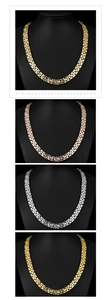 Close-up of Byzantine weave necklaces in gold, silver, and rose gold finishes