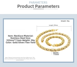 Detailed specification view of gold Byzantine chain necklace and bracelet stainless steel set