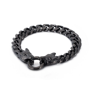 Black stainless steel Cuban link bracelet featuring detailed wolf head clasp design