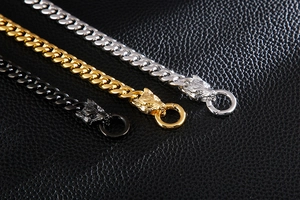Close-up of animal head clasps on Cuban chain necklaces in gold, silver, and black finish