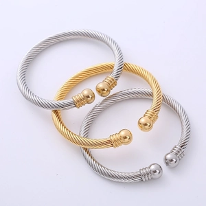 Polished 316L Stainless Steel Twisted Cable Open Cuff Bracelet With Ball Terminals Classic Retro C Shape Hand Jewelry