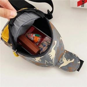 Kids dinosaur chest bag with grey camo print and yellow zipper for boys and girls