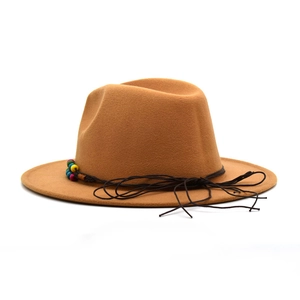 Classic wide brim wool felt fedora hat in tan with bohemian colorful beaded tassel band