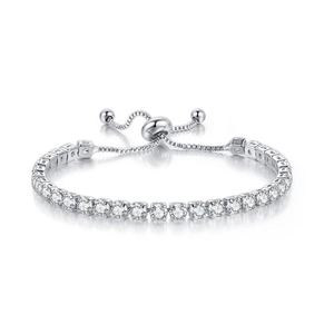 Close-up of adjustable silver tennis bracelet with brilliant-cut cubic zirconia stones