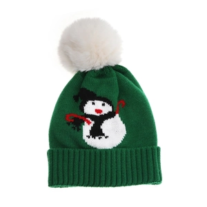 Green knit winter hat for children featuring a snowman pattern and a white pompom top