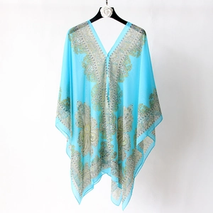 Detail view of turquoise chiffon beach cover-up with bohemian paisley print and buttons.