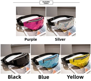 Detailed grid view of holographic waist bags in purple, silver, black, blue, and yellow colors