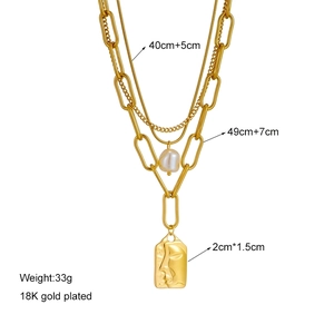 Double layered 18K gold plated titanium steel necklace with pearl and portrait pendants