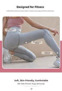 Close-up of high-waist grey yoga leggings featuring breathable mesh details and knit texture