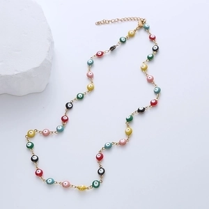 Ethnic retro 18K gold plated stainless steel necklace with colorful evil eye beads