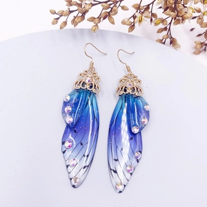 Blue-purple gradient butterfly wing drop earrings with crystals and gold hooks