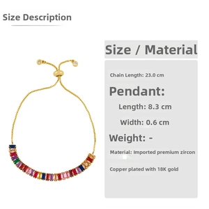 Size guide for colorful zircon bracelet in 18K gold plated copper showing 23cm chain length
