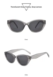 Vues détaillées de face et de profil de lunettes de soleil œil de chat gris transparent