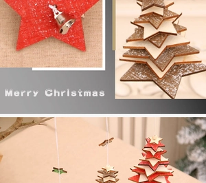 Detail of wooden Christmas ornaments with metal bells and star-shaped tree hangings