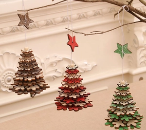 Detailed close-up of colorful wooden Christmas tree ornaments hanging on a rustic branch
