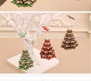 Three-piece wooden star Christmas ornaments in green, red, and natural wood finishes