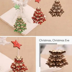Detail of layered wooden Christmas tree ornaments with star pendant and festive rope