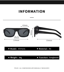 Detailed size chart for retro punk aviator sunglasses showing frame dimensions and PC material