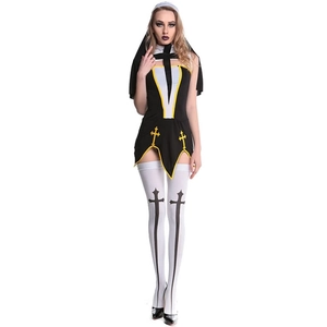 Black and white nun cosplay costume with gold cross embroidery and matching stockings
