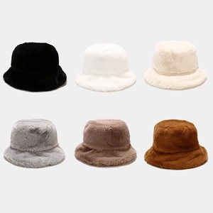 Women Winter Warm Plush Bucket Hat Solid Color Faux Fur Fisherman Hat Retro Soft Basin Cap All-Match Outdoor Accessories