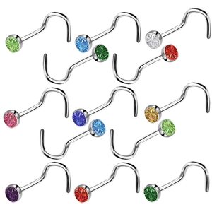 Set of L-shaped stainless steel nose studs with multi-colored crystals on white backdrop