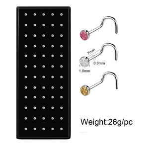 Set of 60 L-shaped stainless steel nose studs with sparkling 1.8mm crystal rhinestones