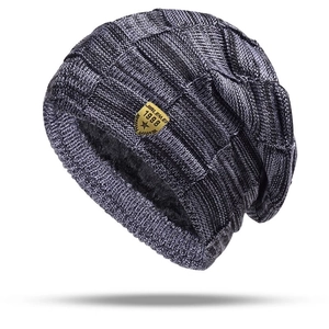 Men's winter knit beanie hat with warm fleece lining in black and grey mixed color