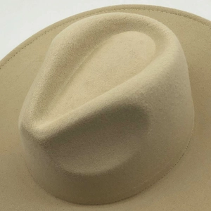Classic beige wool felt wide brim jazz hat with flat stitching in minimalist style