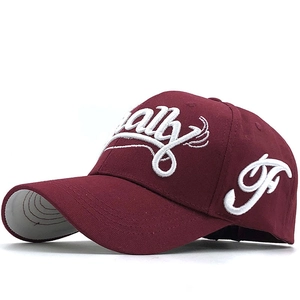 Classic burgundy cotton baseball cap with white 3D Finally embroidery and side F detail