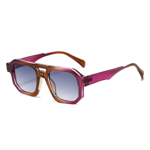 Irregular double-bridge aviator sunglasses with gradient purple frames and blue lenses