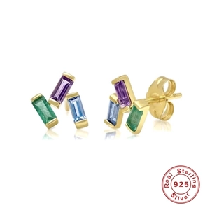 S925 sterling silver geometric stud earrings with colorful baguette-cut zircons