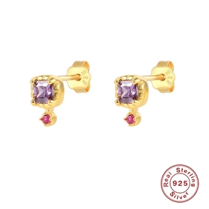 S925 sterling silver mini floral stud earrings with purple and red square crystals