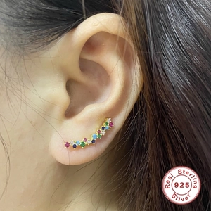 S925 sterling silver multi-color gemstone curved crawler earrings with gold plating