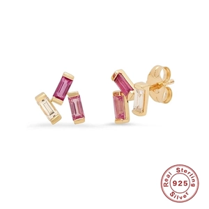 S925 sterling silver geometric stud earrings with pink and purple zircon stones