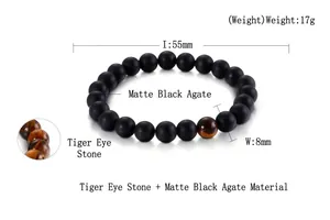 Detail of 8mm matte black agate and tiger eye stone beads with specific dimensions