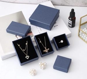 Detailed top view of deep blue textured jewelry boxes for rings and necklaces