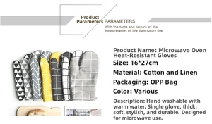 Detailed size specifications for Nordic linen oven mitts measuring 16x27cm in various patterns