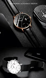 Ultrathin men's waterproof quartz watch with leather strap and mesh band options