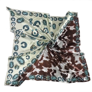 Western style 90cm square silk scarf with vintage cow print and turquoise jewelry patterns
