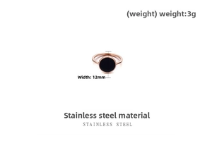 Detail view of 18k rose gold plated stainless steel ring with 12mm black round inlay