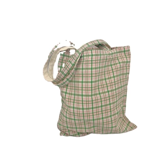 Pink and green plaid fabric tote bag with long straps for casual daily use